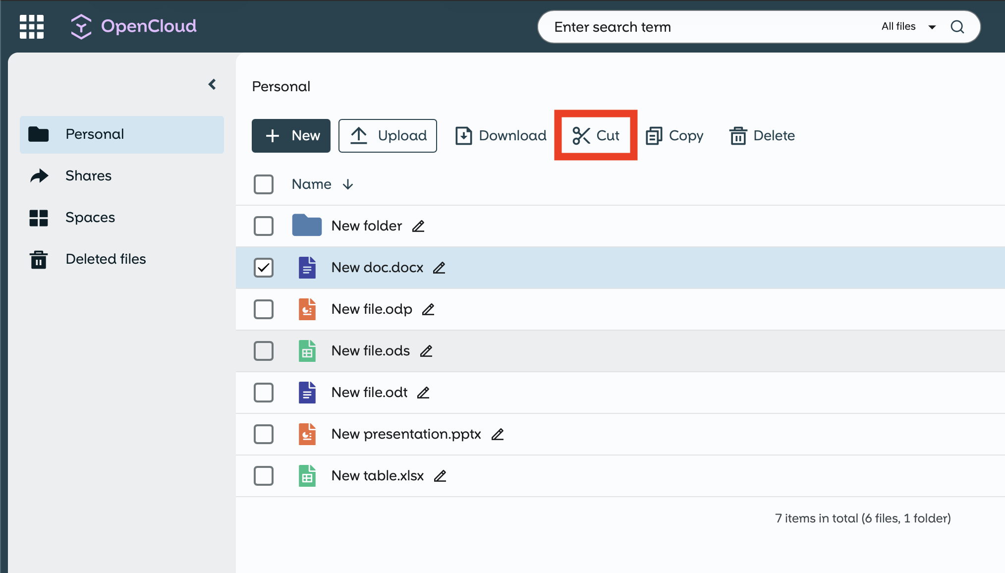 Cut option in action bar