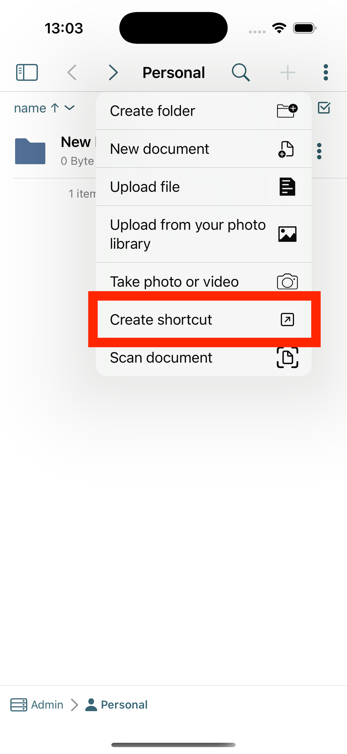 Select create shortcut
