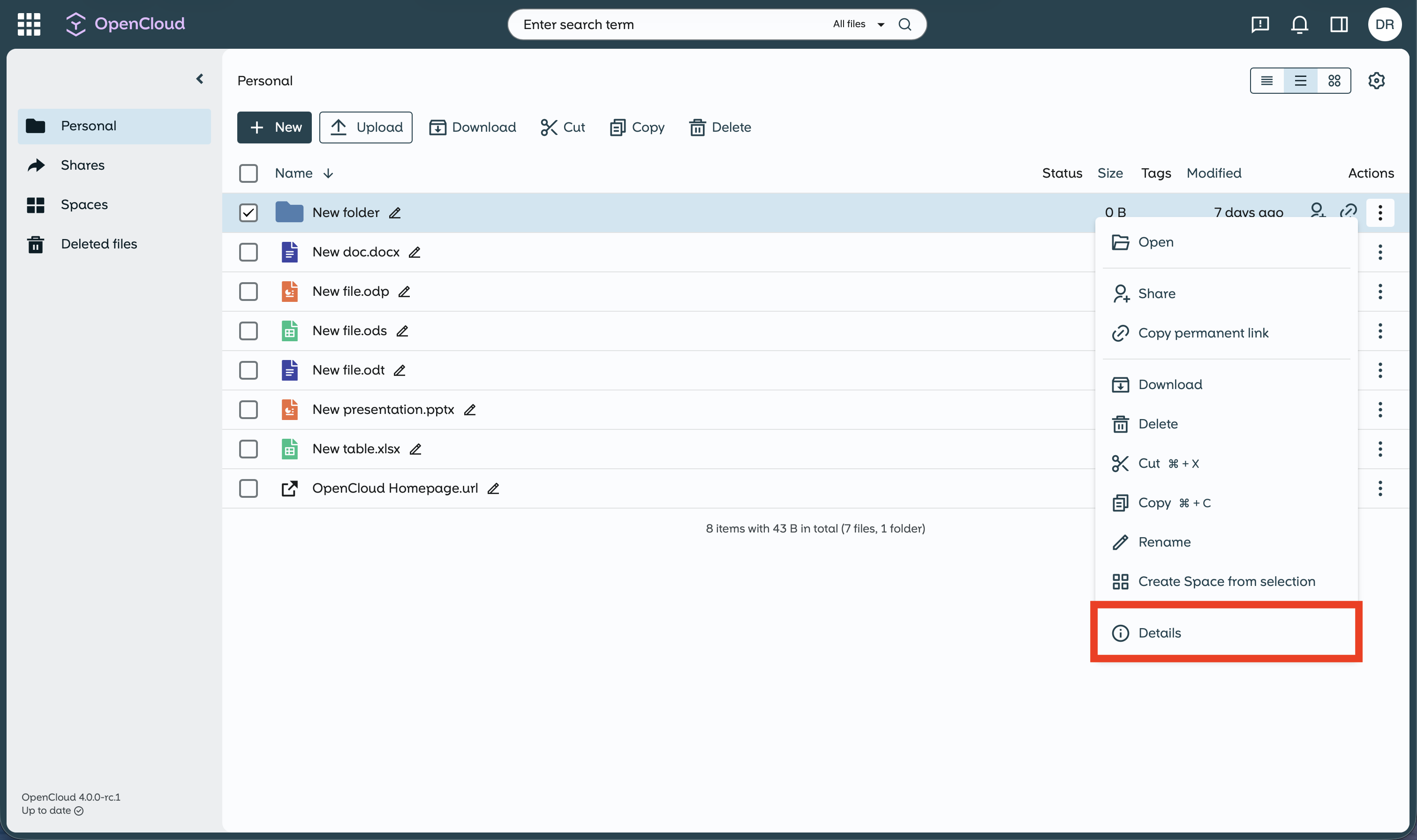 Select details in context menu