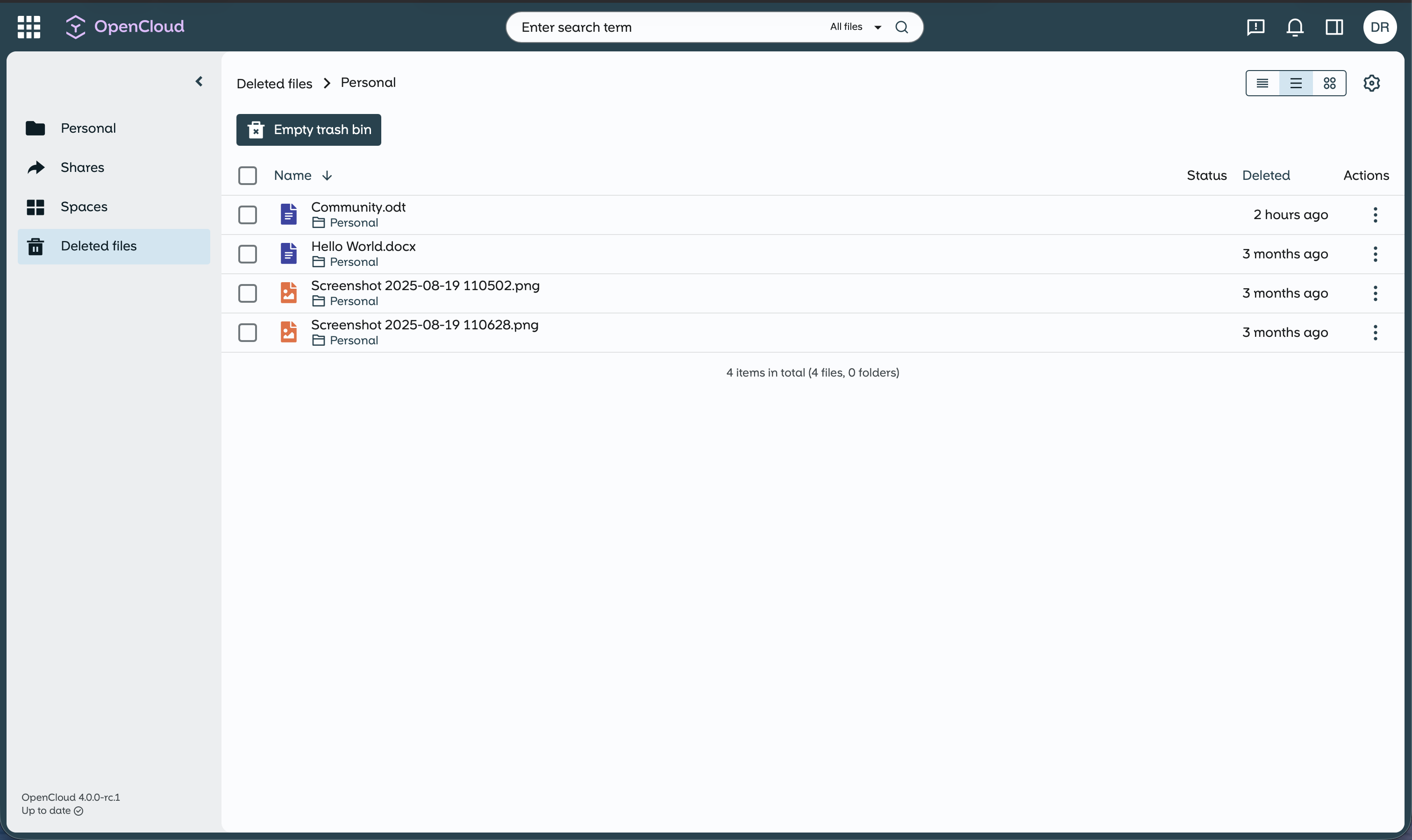Removed files and folders in deleted files