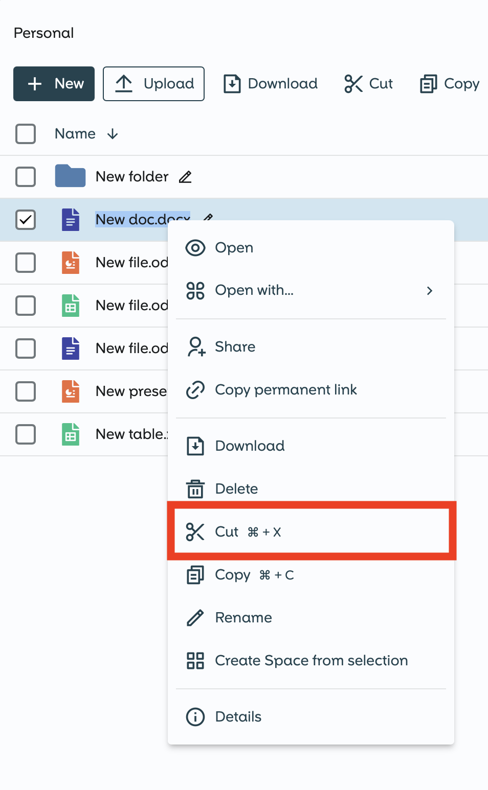 Right click on cut option